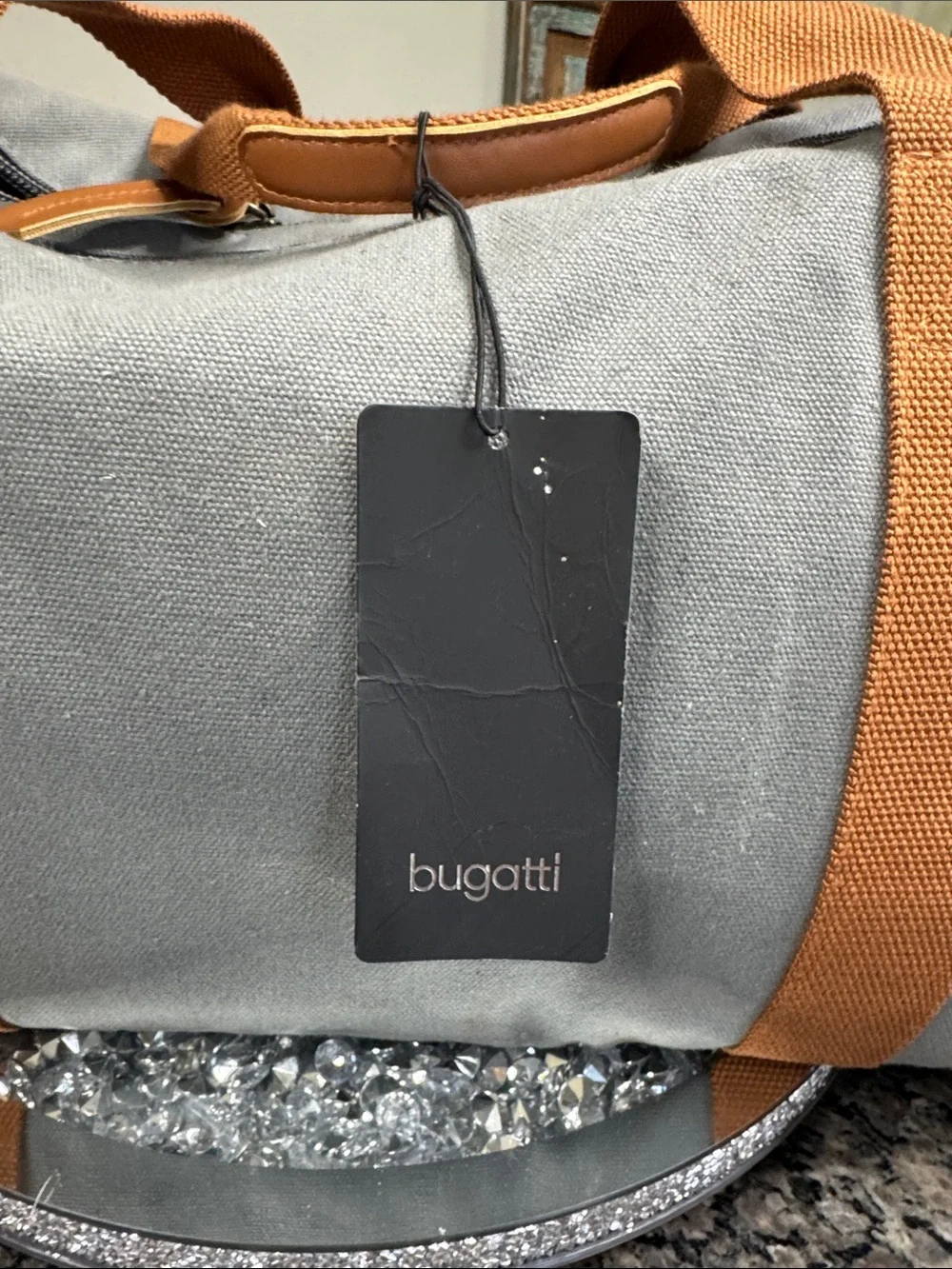 Bugatti Gray heavy canvas Duffel Bag with Tan Straps and shoulder strap NEW